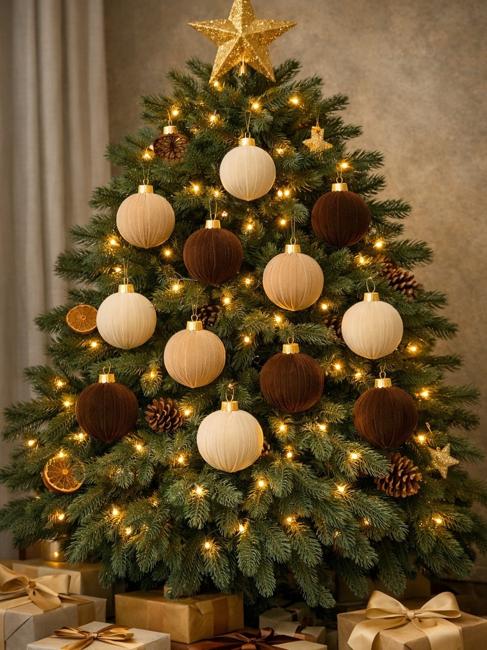 Neutral Velvet Fabric Christmas Ornaments Set Brown and Cream Baubles Balls